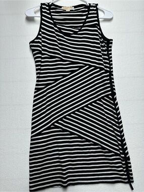 Michael Kors Small Knit Black & White Striped Side Zip Summer Mini Dress